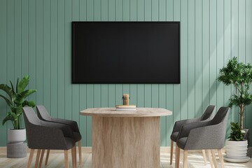 TV on the green wooden wall in the meeting room There is an armchair and a desk set on the front wooden floor and decorated with plant pots on the side.3d rendering.