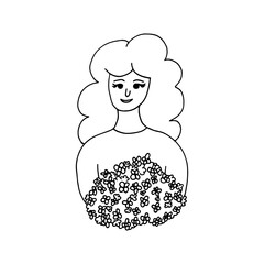 woman with bouquet of flowers icon. template card, poster, banner. hand drawn doodle style. vector, minimalism, monochrome, sketch.