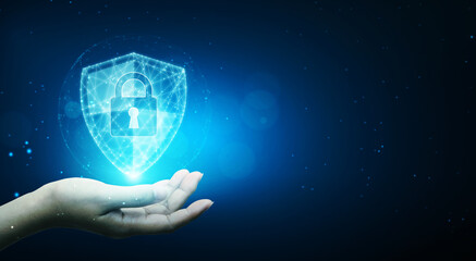 Protection network cyber security computer and safe your data concept, Businessman holding shield...