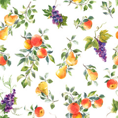 Beautiful seamless pattern with hand drawn watercolor tasty summer pear apple grape fruits. Stock illustration.