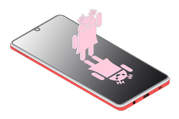 Ludzik dziewczynka w kolorze różowym z kokardami w sukience stojąca na czarnym wyświetlaczu telefonu komórkowego i dająca odblask. 3D z plik wektorowy. - obrazy, fototapety, plakaty