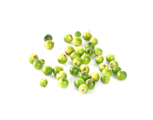 Spice, fresh green peppercorns on white background