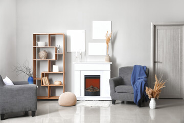 Interior of modern living room with fireplace