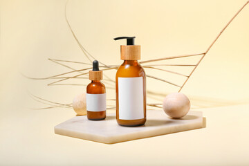 Bottles of natural cosmetics for hair on color background