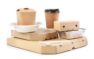 Many food containers and cup on white background