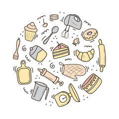 a set of tools for baking and cooking, a mixer, a cake, a spoon, a cupcake, a scale. vector illustration in the doodle style. a sketch drawn by hand on a white background.