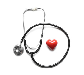 Modern stethoscope and red heart on white background