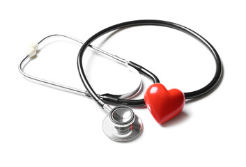 Modern stethoscope and red heart on white background