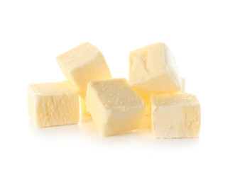 Cubes of fresh butter on white background