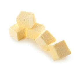 Cubes of fresh butter on white background