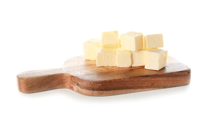 Wooden board with fresh butter on white background