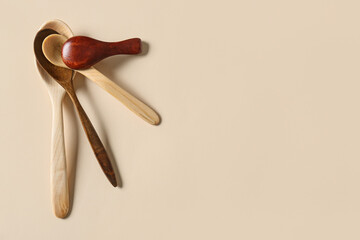 Different wooden spoons on light background