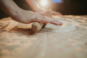 Pizza prepare dough hand topping