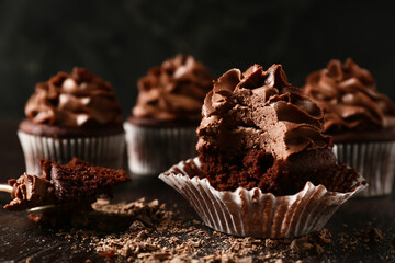 Tasty chocolate cupcakes on dark background