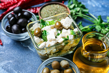 Bowls with tasty feta cheese, oil and olives on color background