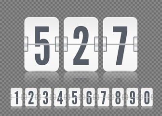 Vector white scoreboard numbers with reflections for flip countdown timer or calendar on dark transparent background. Template for your design.