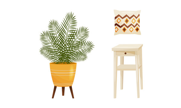 Room Interior Design Elements with Houseplant in Pot and Stool Vector Set