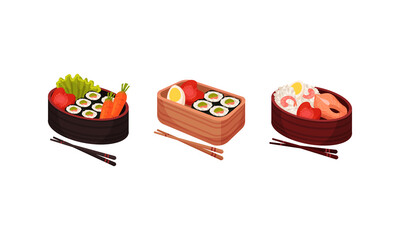 Japanese Bento Box with Traditional Asian Food with Sushi, Rice and Seafood Vector Set