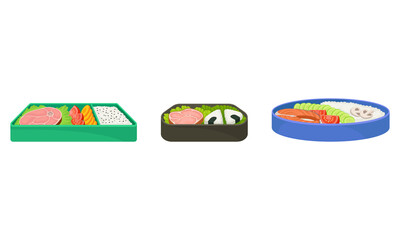 Bento Box as Japanese Single-portion Take-out or Home-packed Meal Vector Set