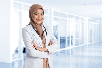 muslim beautiful female doctor in white coat with stethoscope