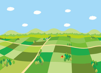  Landscape of fields and houses, trees and mountains © AtelierFluffyCat