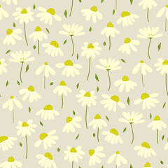 Vector floral seamless pattern design. chamomile, daisies flowers with leaves .  texture for kids fabric, packaging, wrappers.