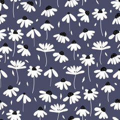 Vector floral seamless pattern design. chamomile, daisies flowers with leaves .  texture for kids fabric, packaging, wrappers.