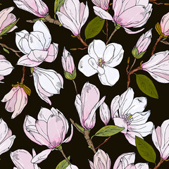 magnolia seamless pattern. Spring floral background. Bouquet of pink tropical flowers.