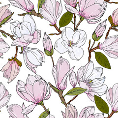 magnolia seamless pattern. Spring floral background. Bouquet of pink tropical flowers.