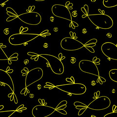 fishes doodle style seamless pattern. Children's sea background. Outline on black background