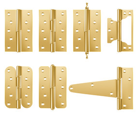 Door hinges, yellow colored metal noose hardware, gold or bronze shiny graphic elements for design and home renovation isolated on white background, Realistic 3d vector illustration, icons set