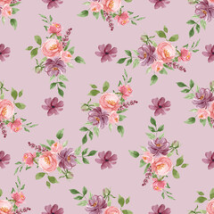 Fototapeta na wymiar Seamless floral pattern, background with watercolor flowers pink roses. Repeat fabric wallpaper print texture. Perfectly for wrapped paper, backdrop.