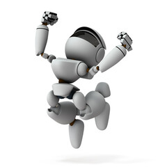 感動してジャンプする人工知能のロボット。白バック。3Dレンダリング。