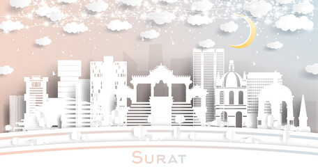 Surat India City Skyline in Paper Cut Style with Snowflakes, Moon and Neon Garland.