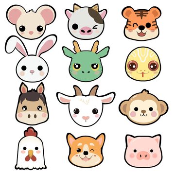 12 animals chinese zodiiac signs objects set, illustration. mouse, bull, tiger, rabbit, dragon, snake, horse, goat, monkey, chicken, dog and pig.