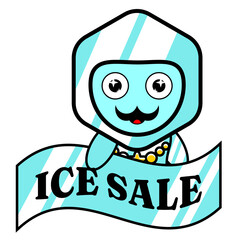 cartoon illustration of mascot ice cube sales character, perfect for sticker, promotion or advertisement