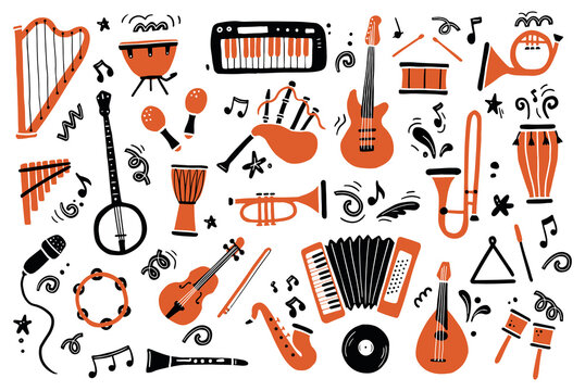 Hand drawn set of different types musical instrument, guitar, saxophone. Doodle sketch style. Isolated vector illustration for music shop icon, musical instrument store, music course, background