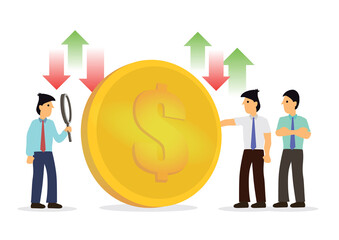 Giant coin surround by businessmen with up and down arrows.