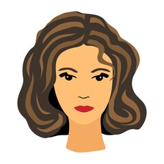 Simple color vector drawing in flat style. Beautiful cute
the face of a young woman with dark hair, bright red lips, black eyes. For prints, cosmetic labels, postcards, avatar.