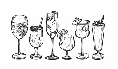 A collection of painted different glasses with cocktails