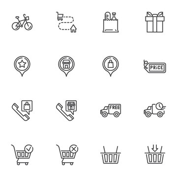 Online shopping delivery line icons set