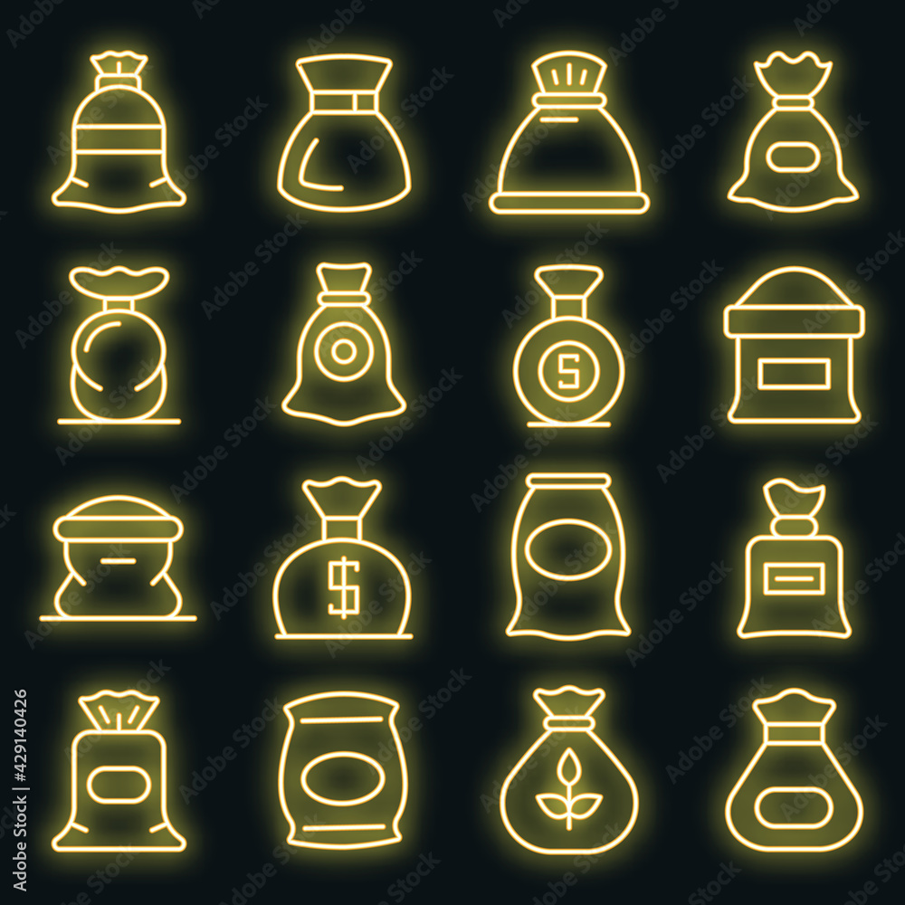Poster sack icons set. outline set of sack vector icons neon color on white