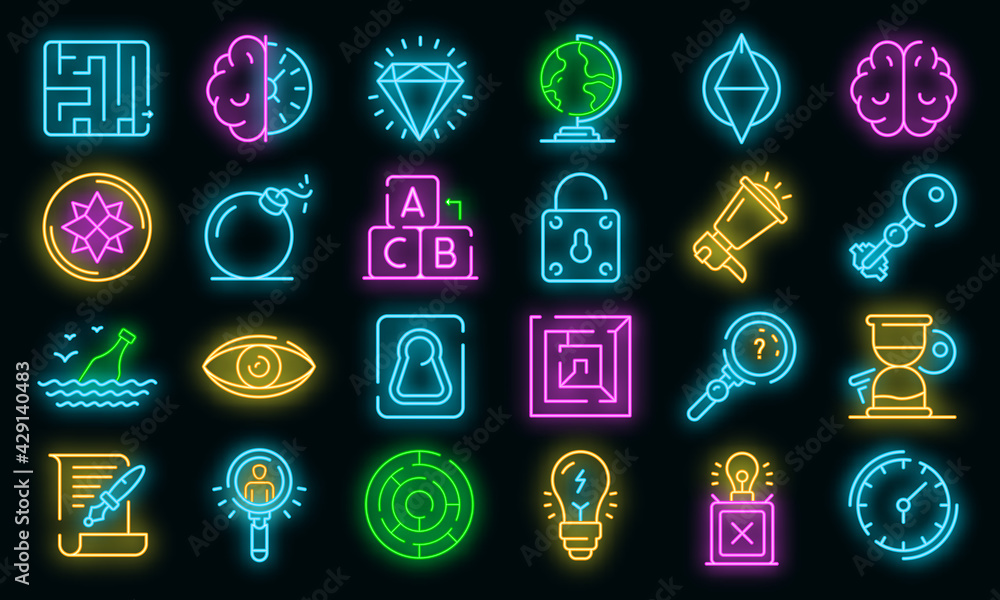 Poster quest icons set. outline set of quest vector icons neon color on white