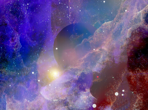 Space background with realistic nebula and planets. Colorful cosmos with stardust .3D rendering. © Iryna