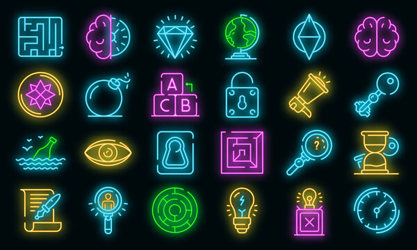 Quest Icons Set. Outline Set Of Quest Vector Icons Neon Color On White