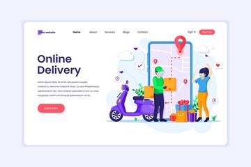 Landing page design concept of Online Delivery service with a Courier in uniform and a young woman with a medical mask. vector illustration