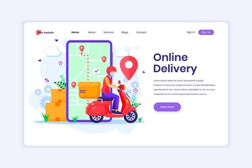 Landing page design concept of Online Delivery service with a delivery man using scooter wearing a mask. Online order tracking. vector illustration