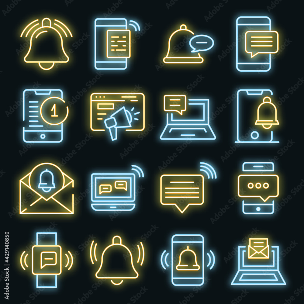Poster notification icons set. outline set of notification vector icons neon color on white