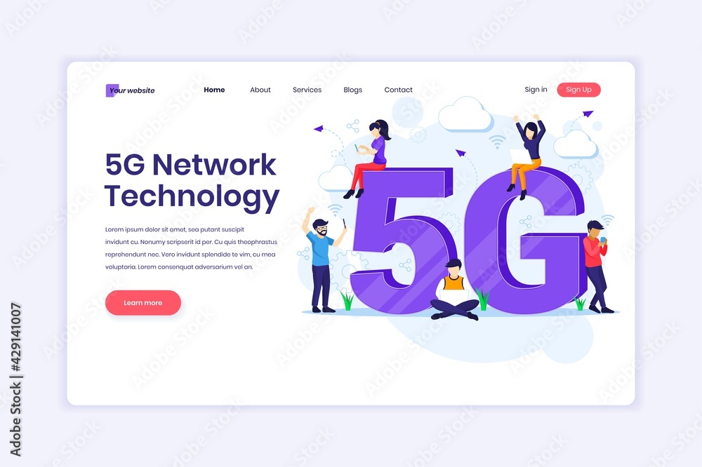 Poster landing page design concept of 5th network technology. people with giant 5g symbol using high-speed 