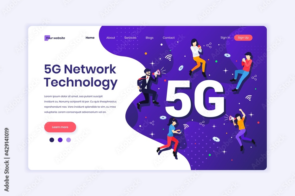 Poster landing page design concept of 5g network technology. people using high-speed wireless connection 5g